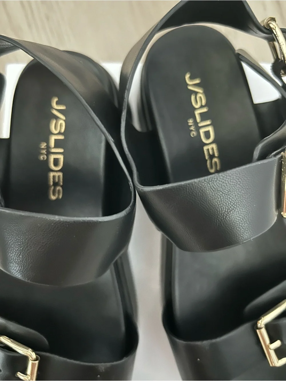 J Slides Black Platform Dual-Buckle Sandal with Gold Hardware